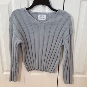 Zara Light Blue V-Neck Ribbed Sweater